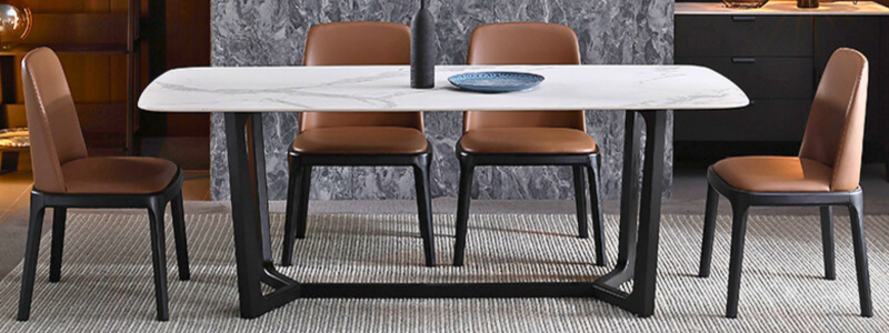 white sintered stone rectangle dining table with balck base