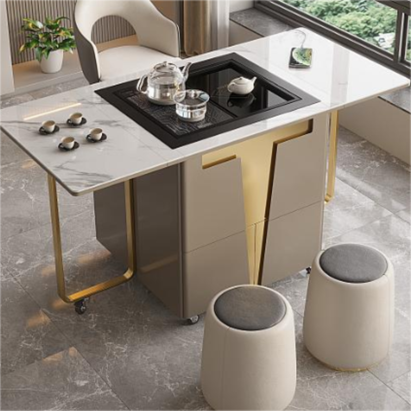 Extendable Rectangular Sintered Stone Chinese Tea Table with Stainless ...